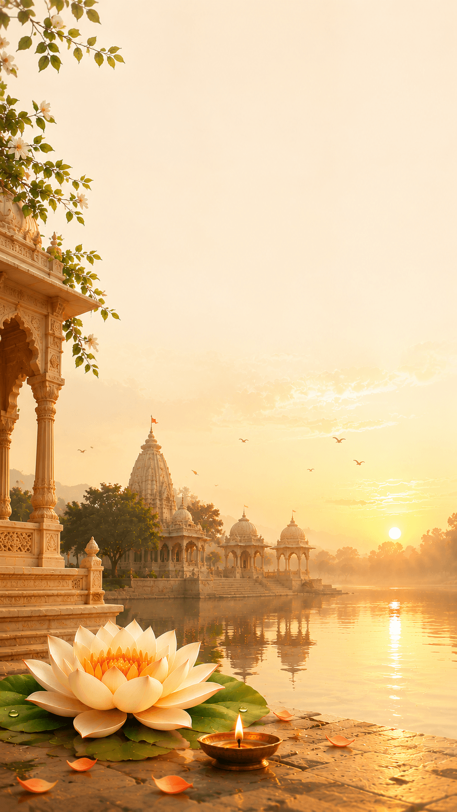Glowing diya lamp on sacred river ghat at dawn beside ancient temple, evoking tranquility and devotion